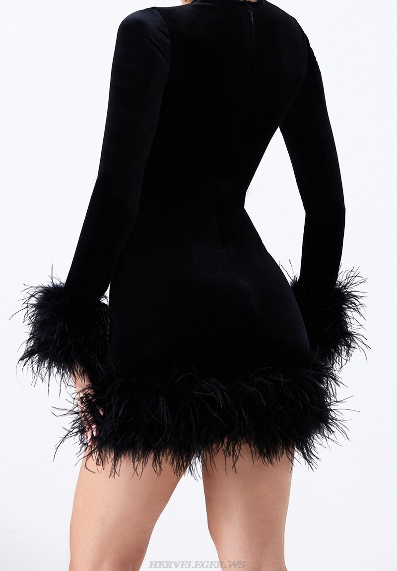 Herve Leger Black Feather Long Sleeve Velvet Dress