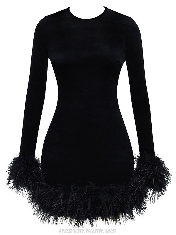 Herve Leger Black Feather Long Sleeve Velvet Dress