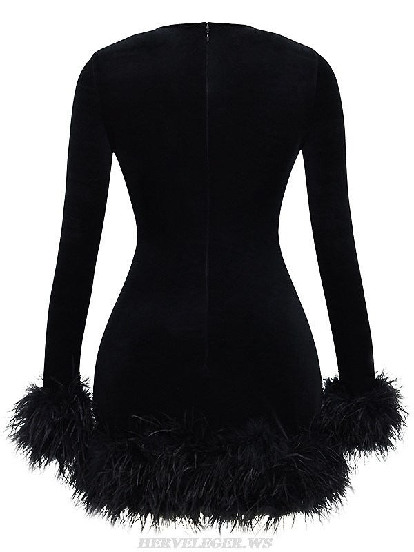 Herve Leger Black Feather Long Sleeve Velvet Dress