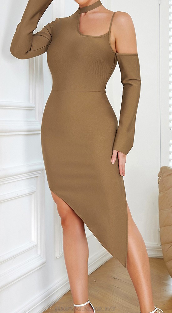 Herve Leger Brown Long Sleeve Asymmetric Midi Dress