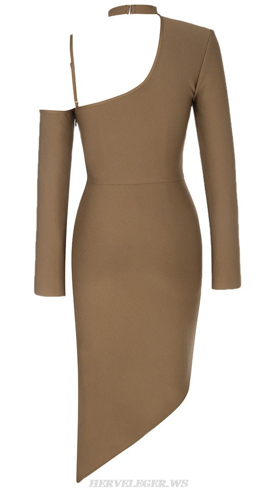 Herve Leger Brown Long Sleeve Asymmetric Midi Dress