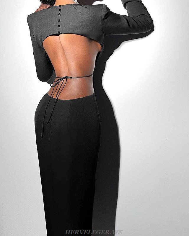 Herve Leger Black Long Sleeve Backless Midi Dress