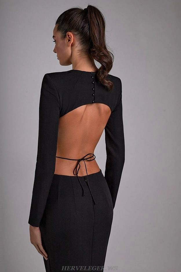 Herve Leger Black Long Sleeve Backless Midi Dress