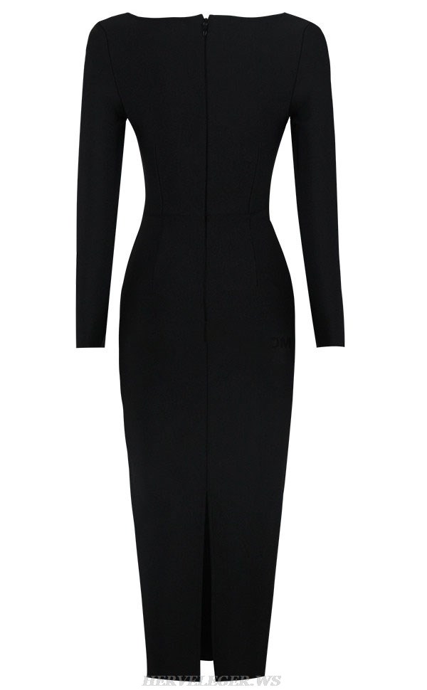 Herve Leger Black Long Sleeve Bustier Midi Dress