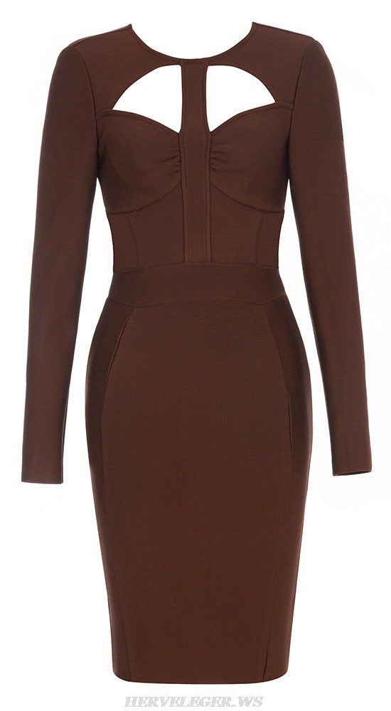 Herve Leger Brown Long Sleeve Bustier Midi Dress