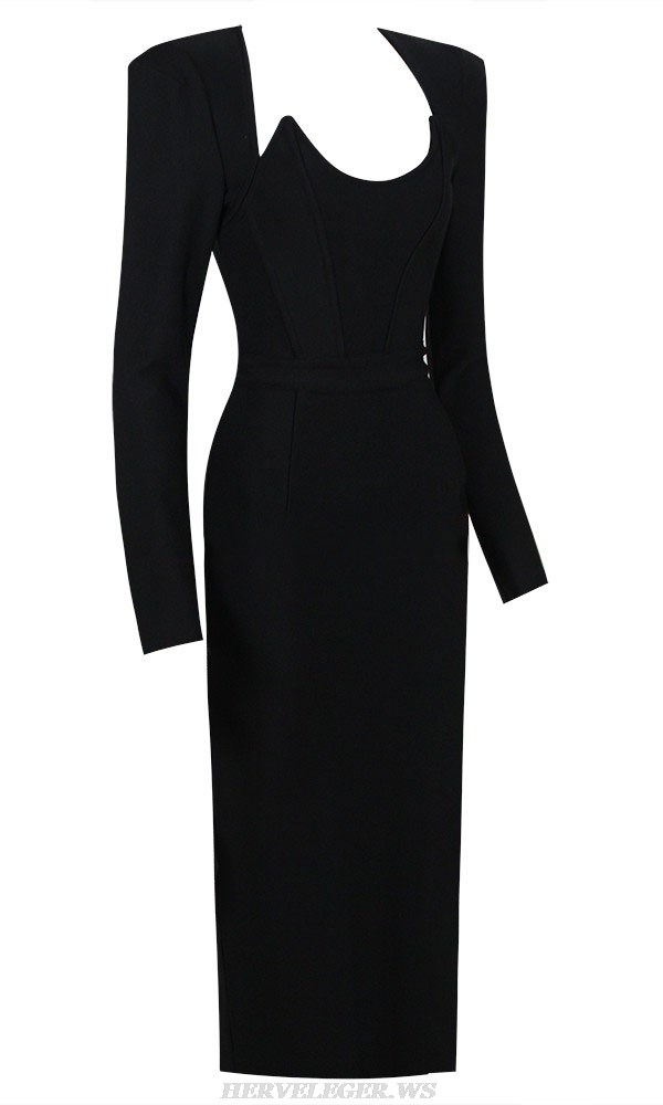 Herve Leger Black Long Sleeve Corset Midi Dress