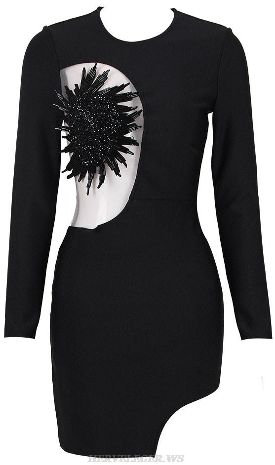 Herve Leger Black Long Sleeve Embellished Mesh Dress