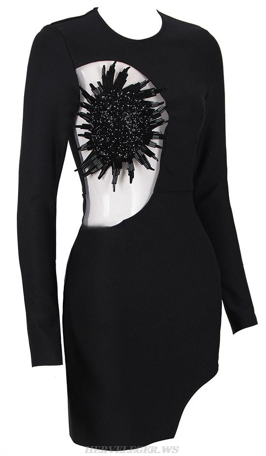 Herve Leger Black Long Sleeve Embellished Mesh Dress