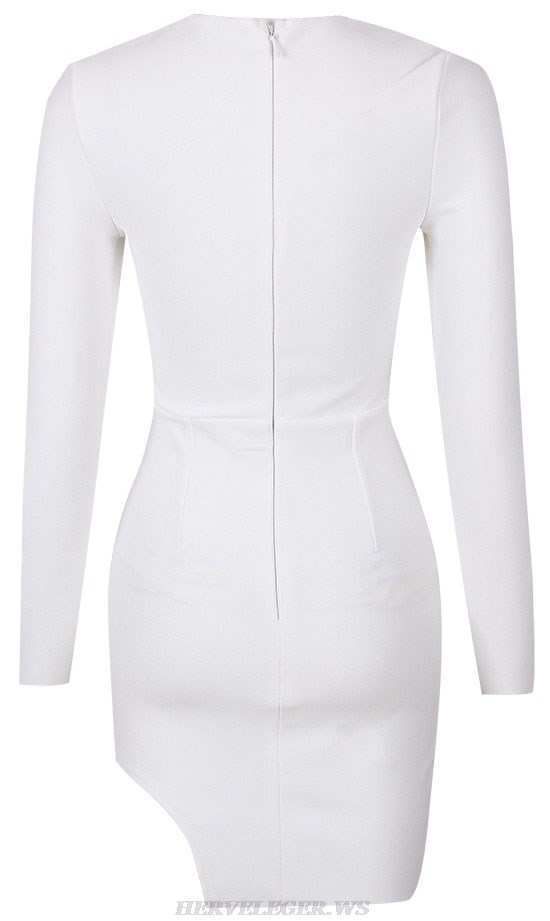 Herve Leger White Long Sleeve Embellished Mesh Dress