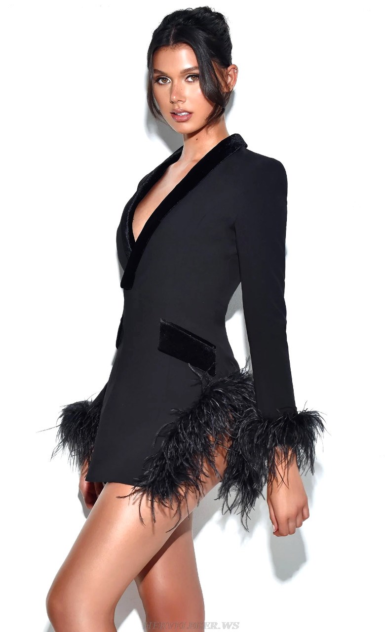 Herve Leger Black Long Sleeve Feather Blazer Dress