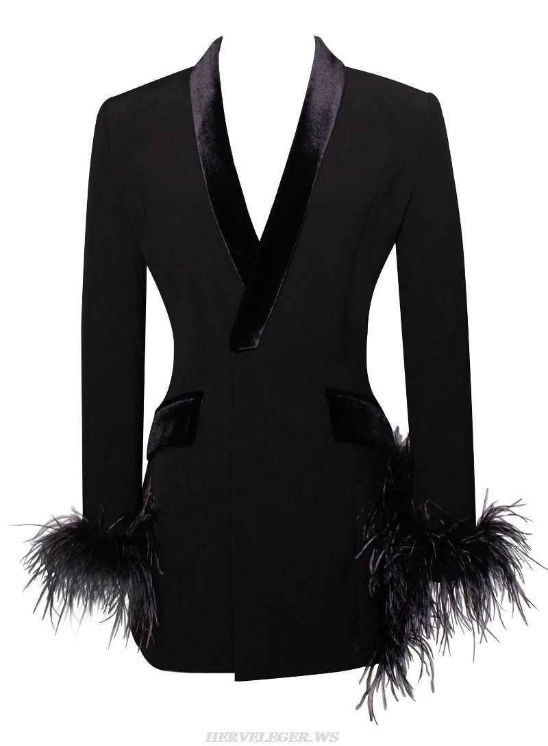 Herve Leger Black Long Sleeve Feather Blazer Dress