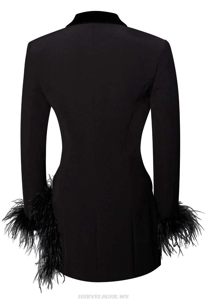 Herve Leger Black Long Sleeve Feather Blazer Dress