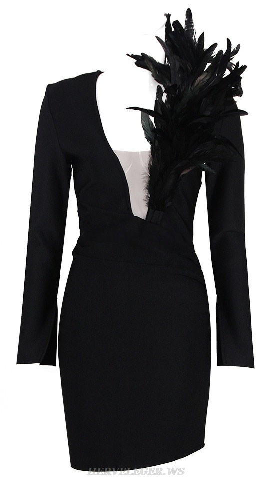 Herve Leger Black Long Sleeve Feather Dress