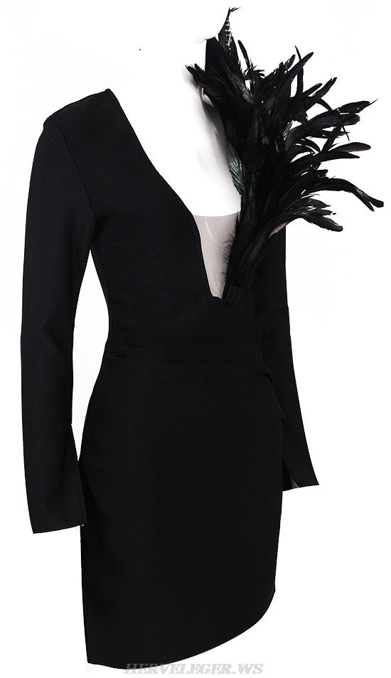 Herve Leger Black Long Sleeve Feather Dress