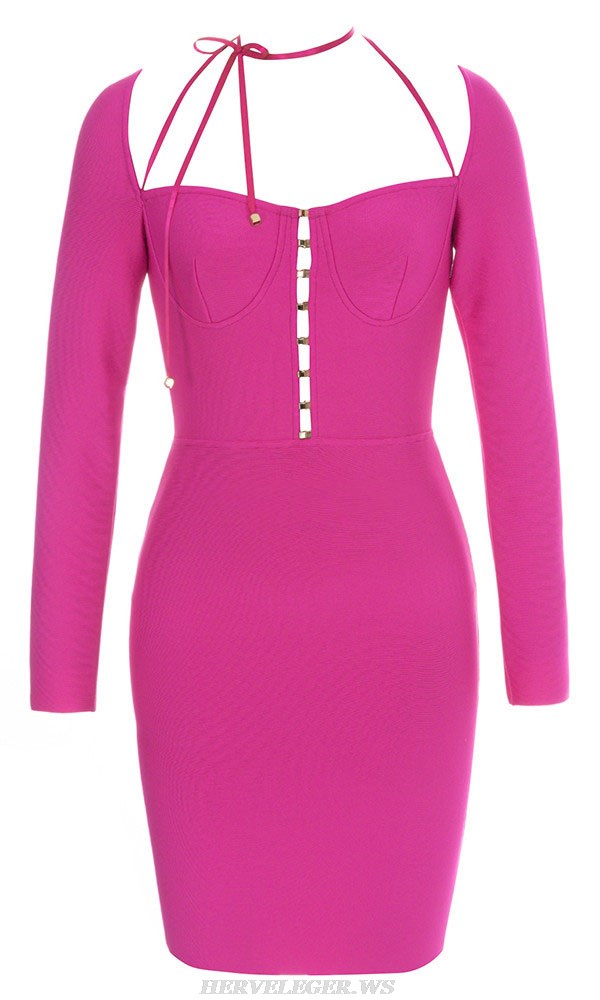 Herve Leger Hot Pink Long Sleeve Halter Bustier Dress