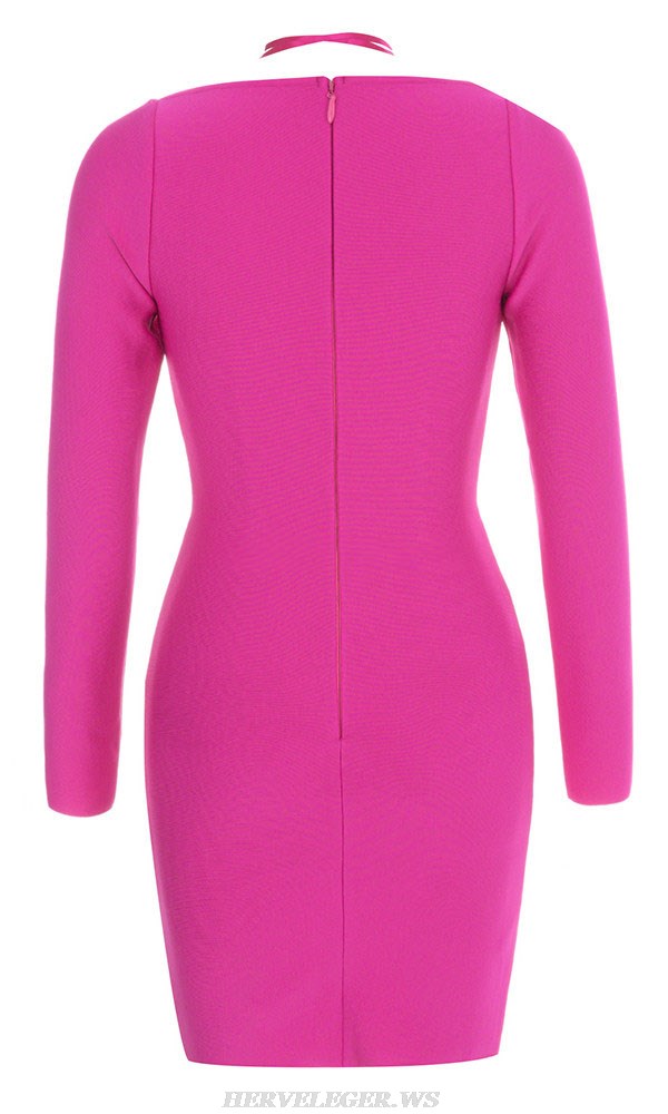 Herve Leger Hot Pink Long Sleeve Halter Bustier Dress