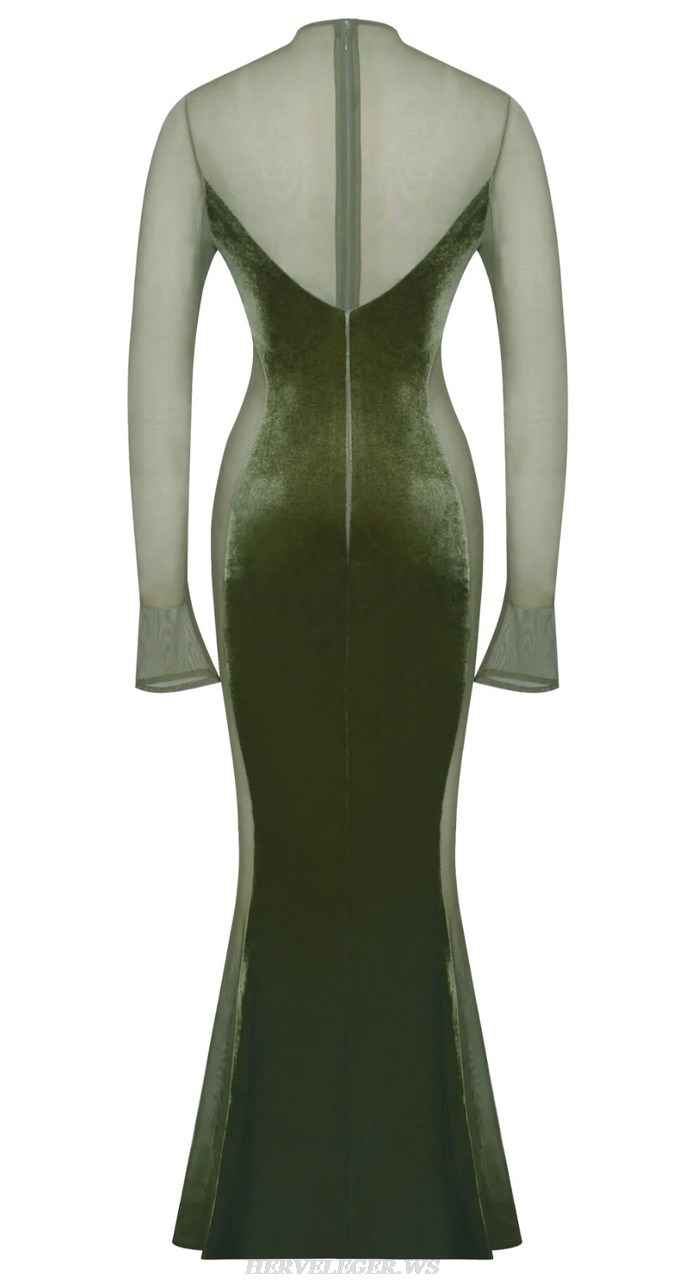 Herve Leger Green Long Sleeve Mesh Insert Mermaid Maxi Velvet Dress