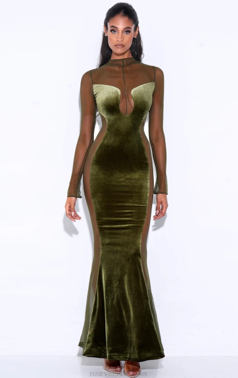 Herve Leger Green Long Sleeve Mesh Insert Mermaid Maxi Velvet Dress