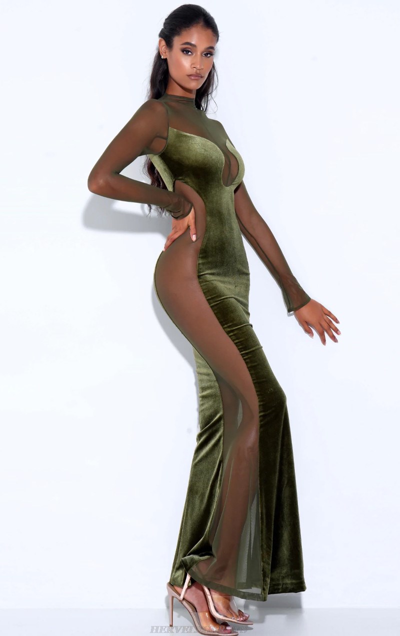 Herve Leger Green Long Sleeve Mesh Insert Mermaid Maxi Velvet Dress