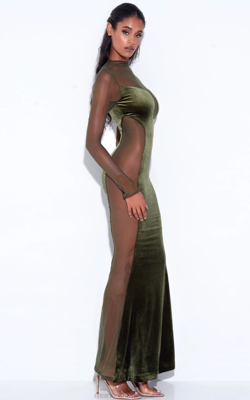 Herve Leger Green Long Sleeve Mesh Insert Mermaid Maxi Velvet Dress