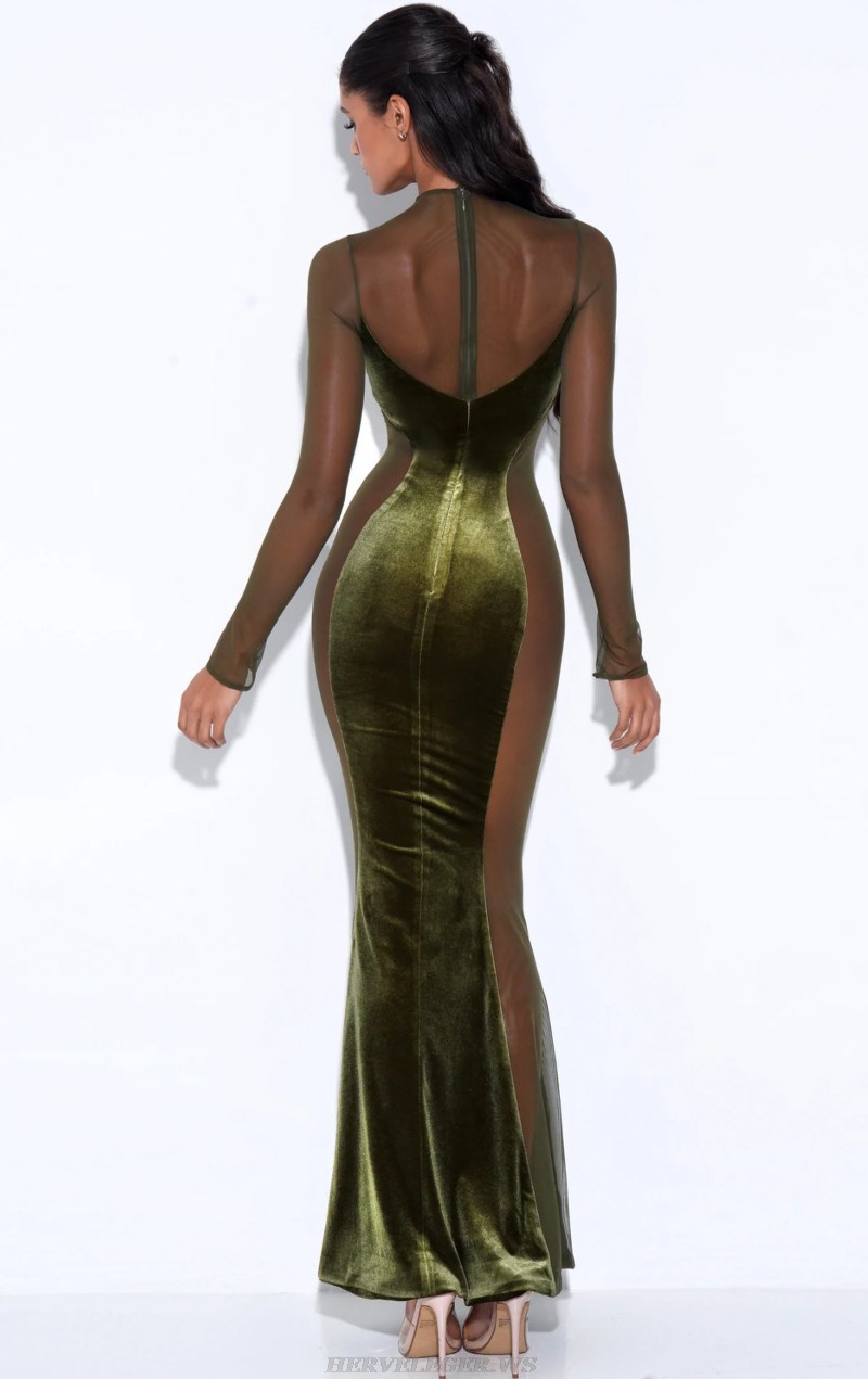 Herve Leger Green Long Sleeve Mesh Insert Mermaid Maxi Velvet Dress