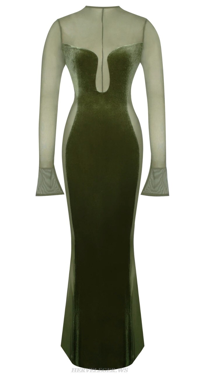 Herve Leger Green Long Sleeve Mesh Insert Mermaid Maxi Velvet Dress