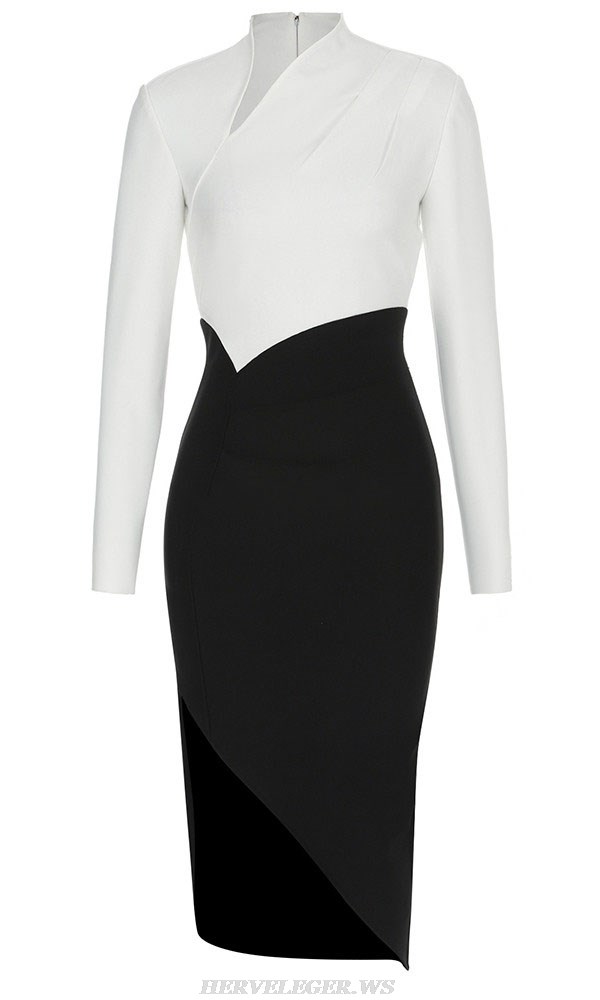 Herve Leger Black And White Long Sleeve Midi Dress