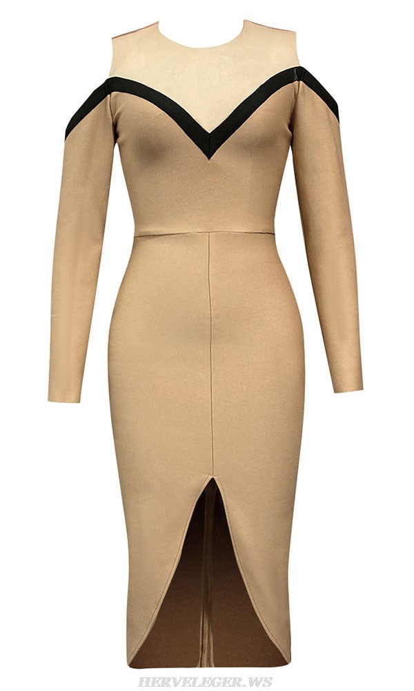 Herve Leger Sand Long Sleeve Midi Dress