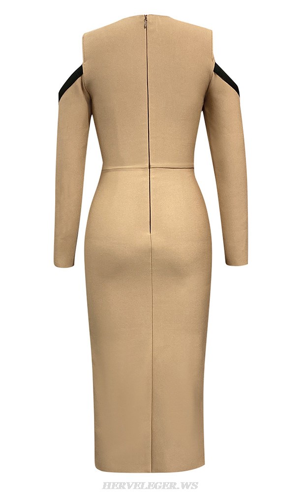 Herve Leger Sand Long Sleeve Midi Dress