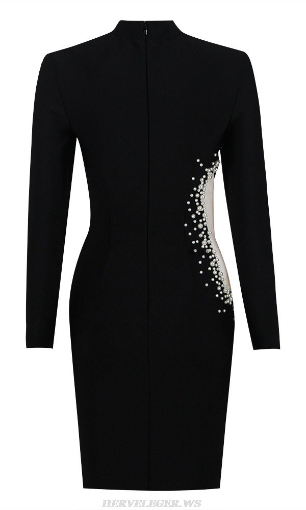 Herve Leger Black Long Sleeve Pearl Dress