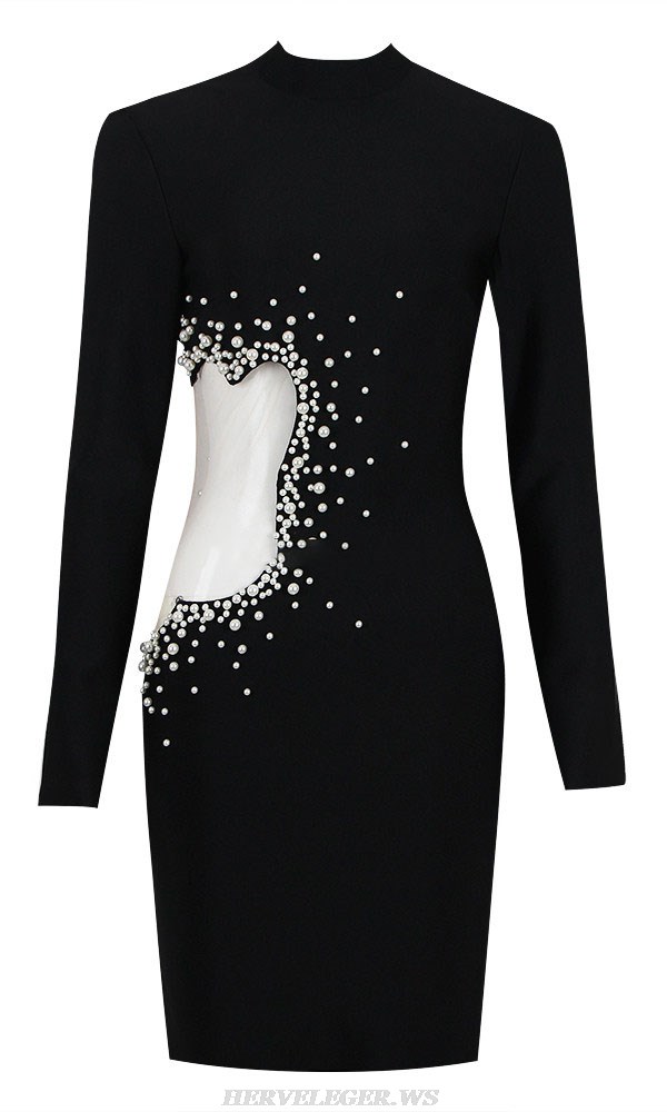 Herve Leger Black Long Sleeve Pearl Dress