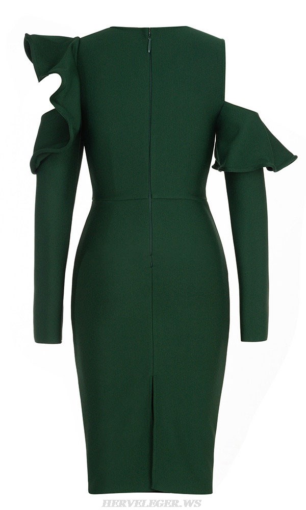 Herve Leger Green Long Sleeve Ruffle Midi Dress