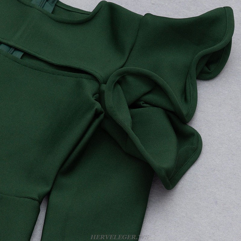 Herve Leger Green Long Sleeve Ruffle Midi Dress