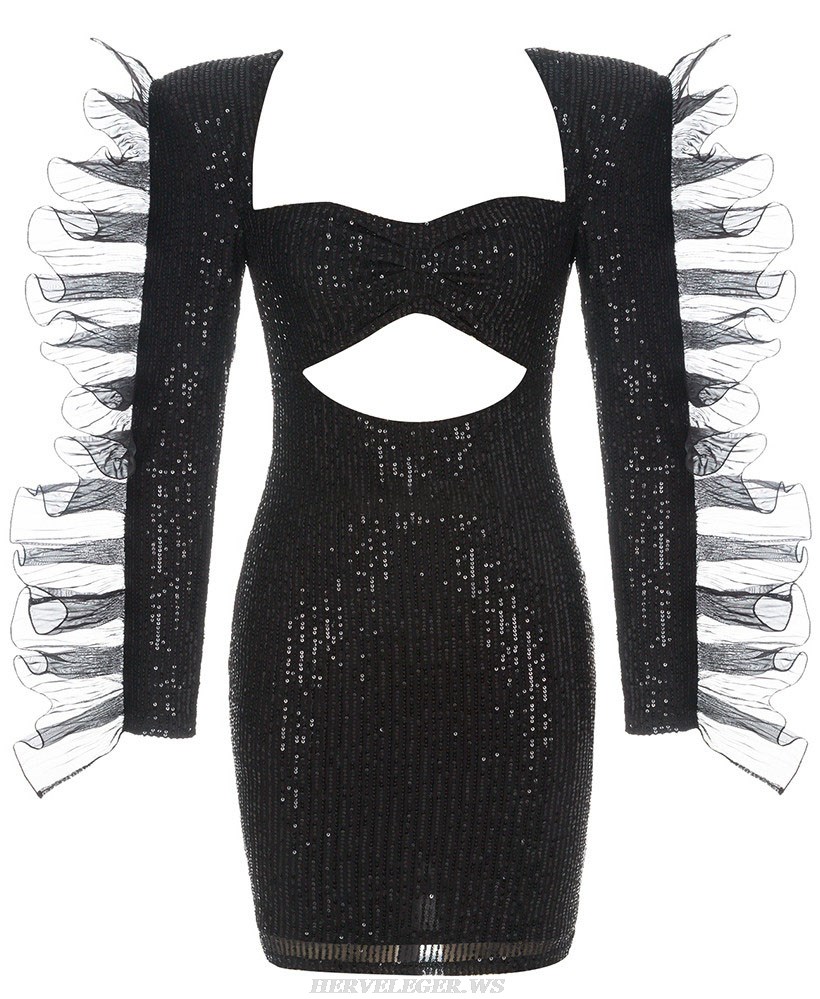 Herve Leger Black Long Sleeve Ruffle Sequined Dress