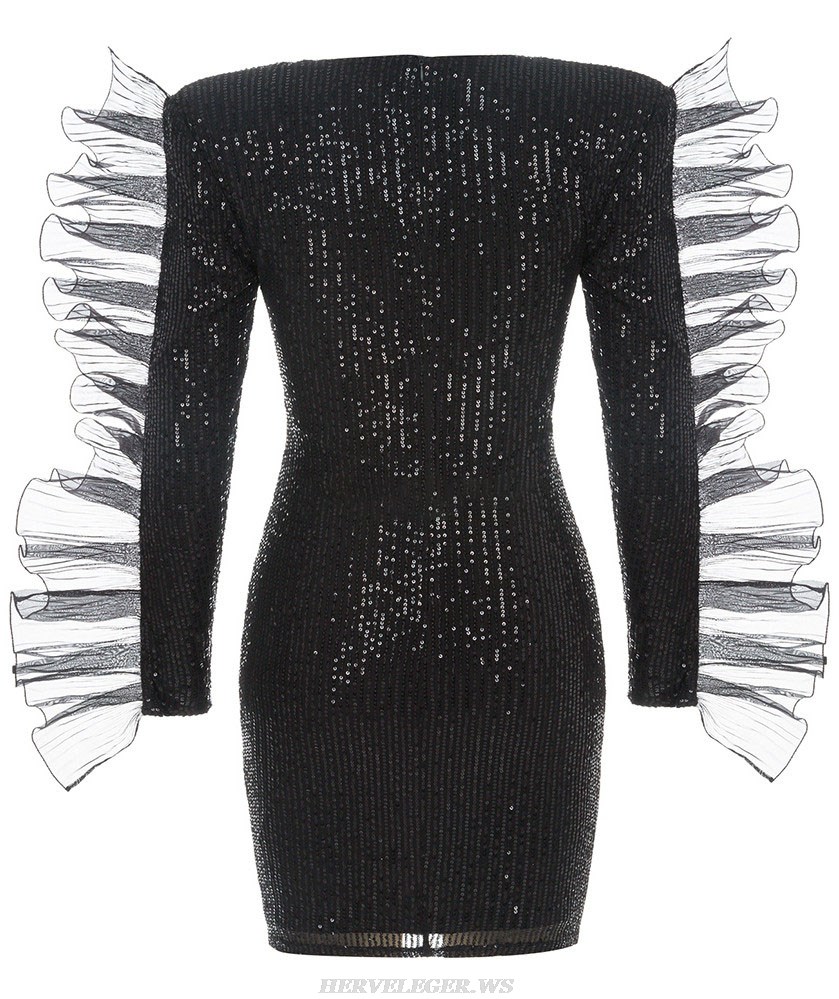 Herve Leger Black Long Sleeve Ruffle Sequined Dress