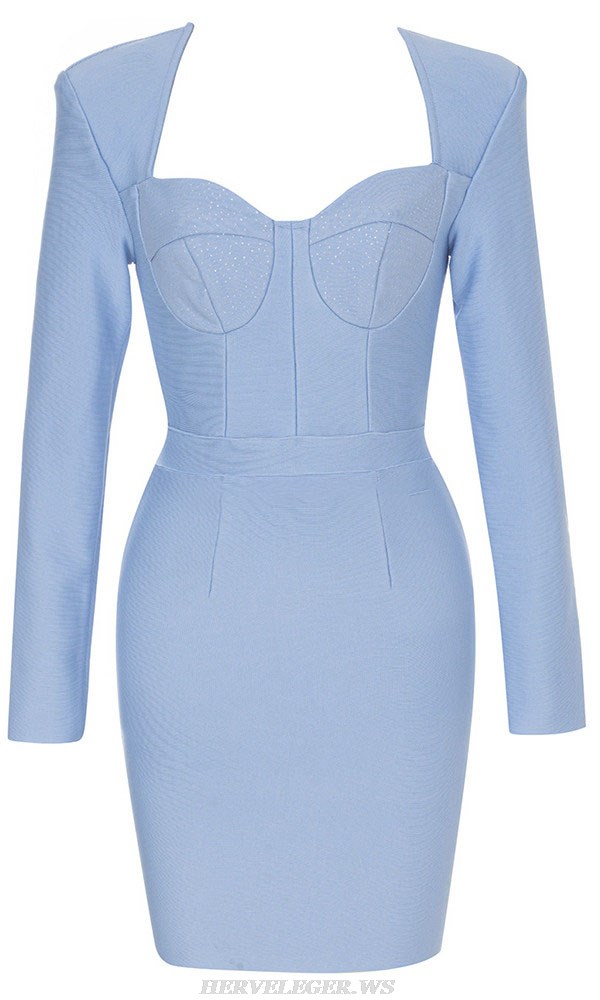 Herve Leger Blue Long Sleeve Sparkly Bustier Dress