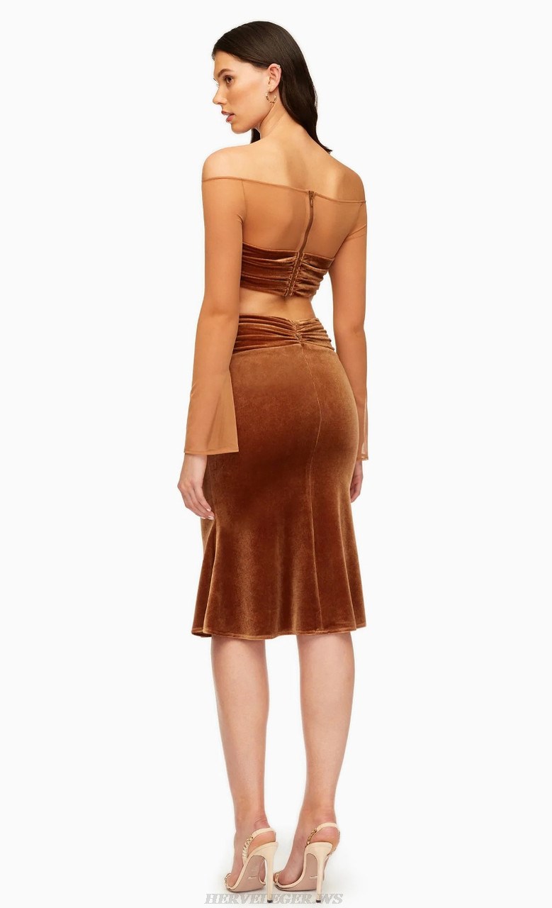 Herve Leger Brown Long Sleeve Two Piece Midi Velvet Dress