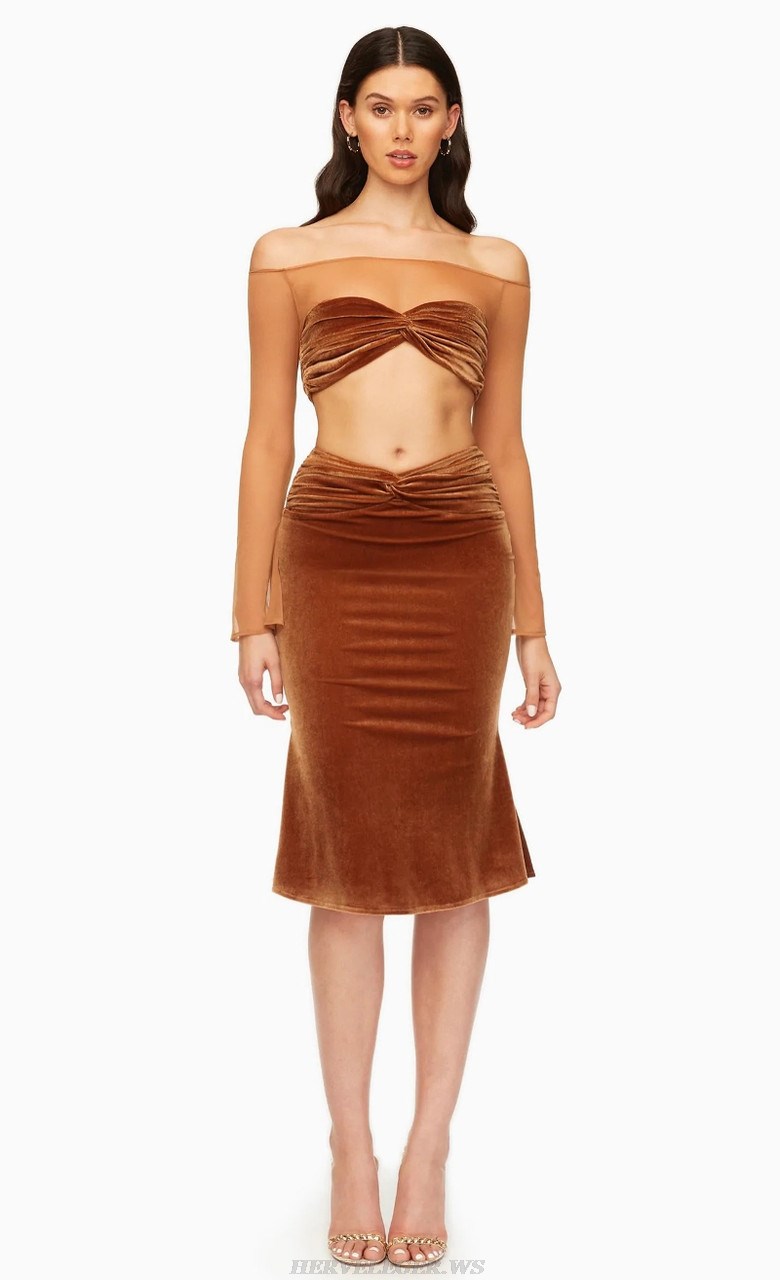 Herve Leger Brown Long Sleeve Two Piece Midi Velvet Dress