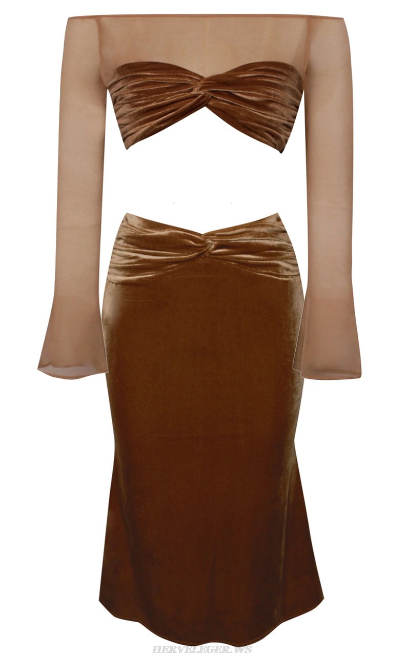 Herve Leger Brown Long Sleeve Two Piece Midi Velvet Dress