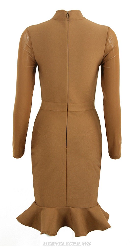 Herve Leger Brown Mesh Long Sleeve Fluted Midi Dress