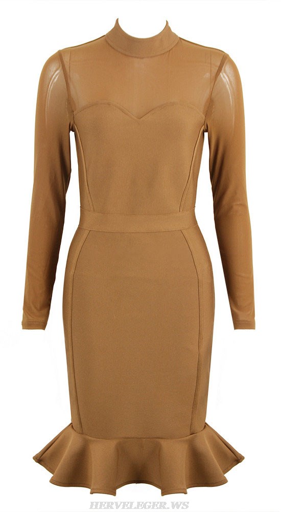 Herve Leger Brown Mesh Long Sleeve Fluted Midi Dress