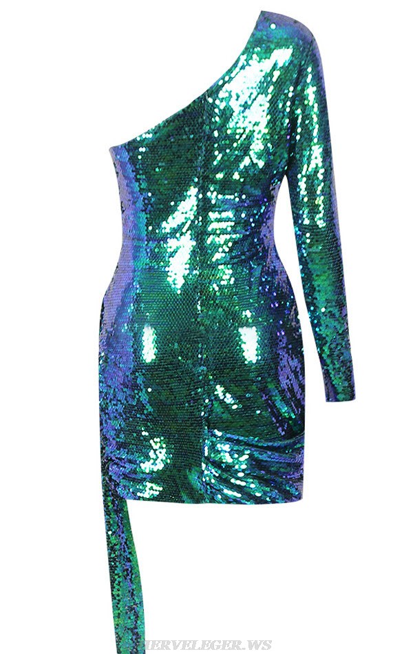 Herve Leger Green One Sleeve Sequin Draped Dress