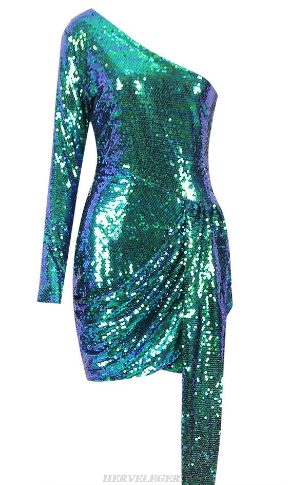 Herve Leger Green One Sleeve Sequin Draped Dress