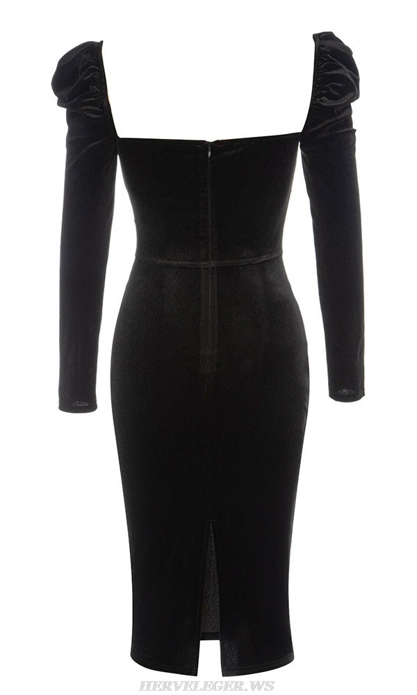 Herve Leger Black Puff Long Sleeve Mesh Midi Velvet Dress