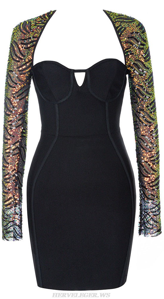 Herve Leger Black Sequined Long Sleeve Bustier Dress