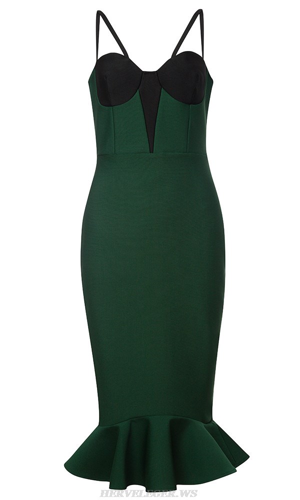 Herve Leger Green Black Bustier Ruffle Dress