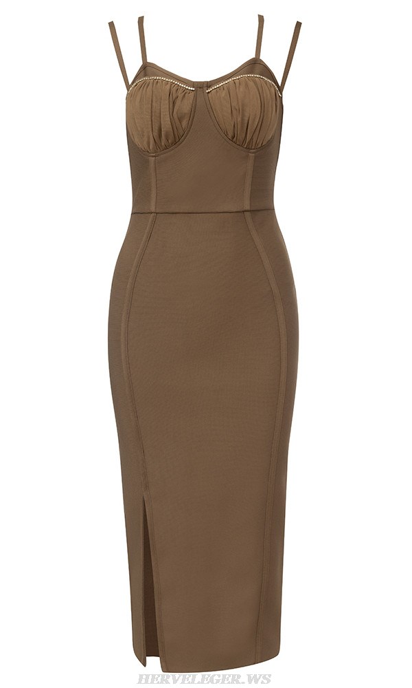 Herve Leger Brown Crystal Draped Bustier Dress