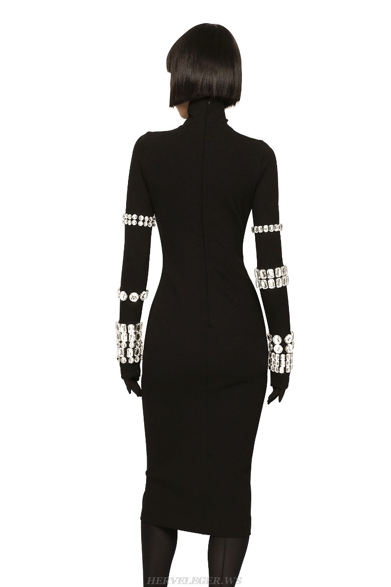 Herve Leger Black Crystal Long Sleeve Dress