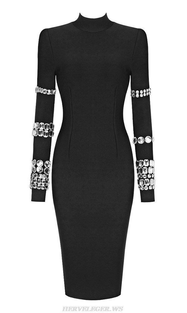 Herve Leger Black Crystal Long Sleeve Dress