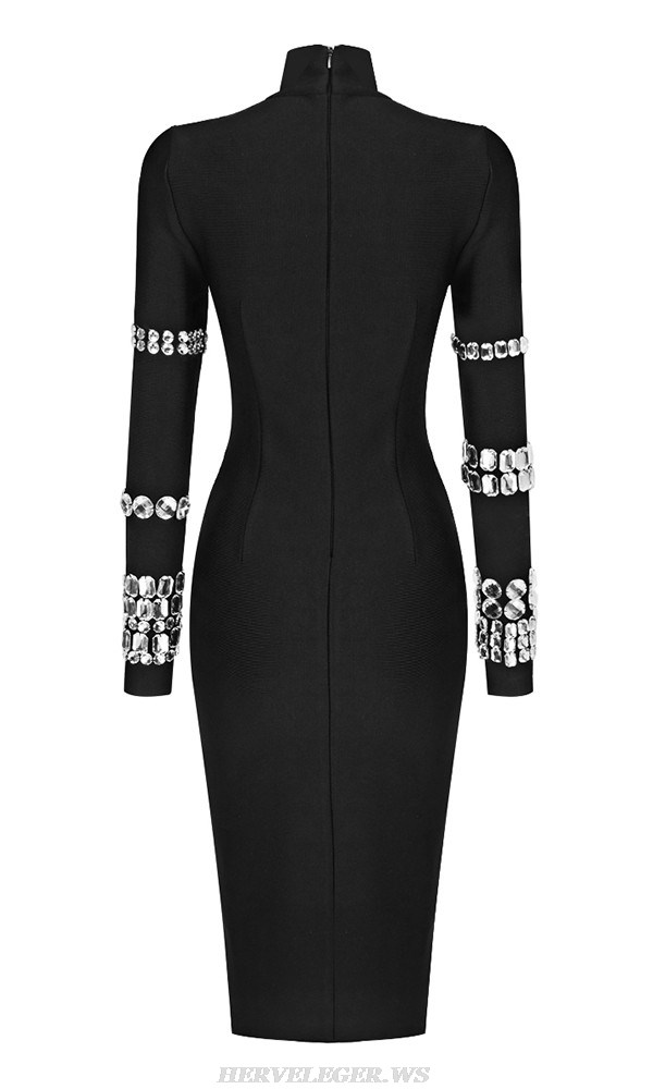 Herve Leger Black Crystal Long Sleeve Dress